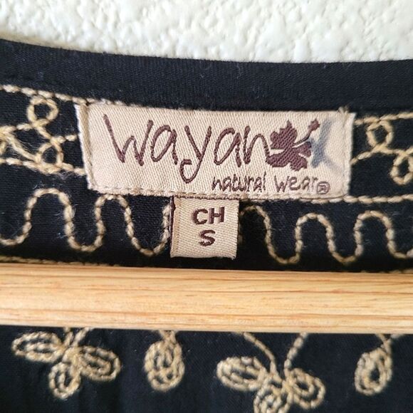 WAYAN NATURAL WEAR Black Tunic Dress Size S Floral Embroidered Bell Sleeves - Picture 9 of 11